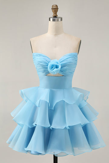 Cute A-Line Strapless Cut Out Blue Tiered Short Homecoming Dress